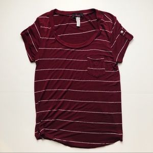 Maroon striped t shirt with sleeve/pocket detail